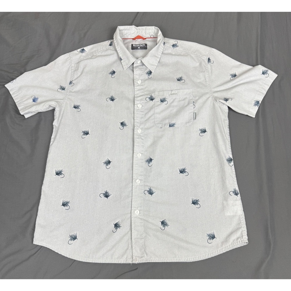 Simms Fishing Products Mens M Grey Fishing Hook Print Button Up Casual Shirt S/S